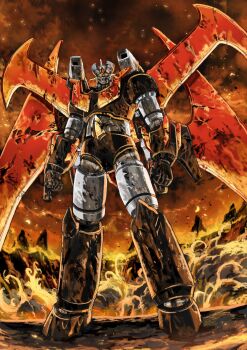 absurdres clenched_hands damaged destruction fire full_body garimpeiro glowing glowing_eyes grendizer_u highres horns mazinger_(series) mazinger_x mecha mecha_focus mechanical_wings no_humans pilder robot science_fiction solo standing super_robot tree ufo_robo_grendizer wings yellow_eyes