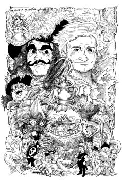 1991 blanketkuma captain_hook crocodile crocodilian dustin_hoffman facial_hair fairy hat highres hook hook_(film) inker_bell_(novel_character) island julia_roberts mustache peter_pan_(novel) peter_pan_(novel_character) pirate robin_williams sakajun smile sony steven_spielberg