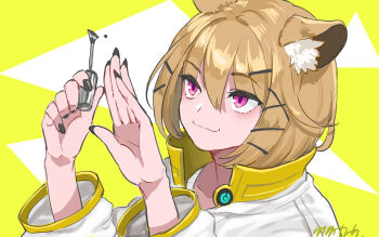 1girl animal_ear_fluff animal_ears applying_manicure arknights artist_name black_nails brown_hair commentary_request hair_between_eyes highres jacket long_sleeves memetaroh nail_polish one-hour_drawing_challenge painting_nails pink_eyes short_hair signature smile solo upper_body utage_(arknights) white_jacket