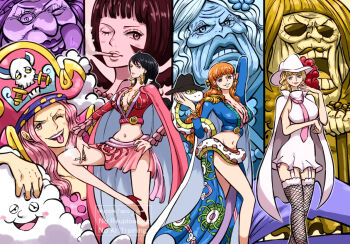 4girls aged_down apple7apo black_hair black_hat blonde_hair blunt_bangs blush_stickers bob_cut cape charlotte_linlin cigarette commentary crop_top dress earrings eyelashes fishnet_thighhighs fishnets garter_straps gloriosa_(one_piece) hat hat_feather holding holding_cigarette jewelry kuja_pirates_jolly_roger long_hair looking_at_viewer multiple_girls old old_woman one_eye_closed one_piece orange_hair pink_hair pink_skirt pirate_hat ring sash shakuyaku_(one_piece) skirt smile snake snake_earrings stussy_(one_piece) sunglasses thighhighs tongue tongue_out twitter_username v-shaped_eyebrows white_cape white_dress zeus_(one_piece)