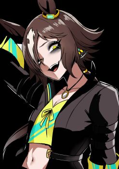 1girl animal_ears arm_behind_head black_jacket breasts brown_hair cleavage commentary_request cropped_shirt duplicate ear_ornament fangs flat_chest gesugao hair_over_one_eye highres horse_ears horse_girl j.k._(style) jacket jewelry long_hair looking_at_viewer low_ponytail nagai_negi navel necklace open_mouth ponytail smile solo umamusume vodka_(umamusume) vodka_(wild_top_gear)_(umamusume) yellow_eyes