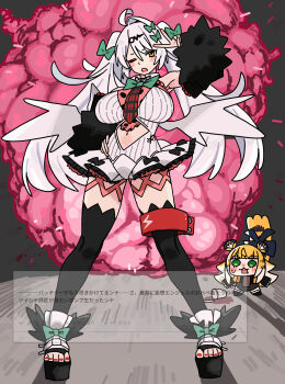 2girls :3 absurdres ahoge andii_(anzai_teachco) animal_ear_fluff animal_ears arm_up armpits bare_shoulders black_bow black_sleeves black_thighhighs blush bow bowtie breasts chibi clothing_cutout colored_inner_hair commentary_request cosplay cup detached_sleeves drinking_glass explosion explosion_background footwear_bow full_body fur-trimmed_sleeves fur_trim green_bow green_bowtie green_eyes hair_ornament hairpin hand_on_own_hip highres jacket ju_fufu large_breasts legs_apart long_hair looking_at_viewer multicolored_hair multiple_girls nail_polish navel navel_cutout one_eye_closed open-toe_shoes open_mouth orange_fur red_nails rokudu_sariel rokudu_sariel_(cosplay) single_hair_intake striped_fur striped_hair sweatdrop tail tail_bow tail_ornament thigh_strap thighhighs tiger_ears tiger_girl tiger_stripes tiger_tail toenail_polish toenails too_many_bows twintails v v_over_head very_long_hair white_hair white_wings wings yellow_eyes yellow_jacket yixuan_(zenless_zone_zero) zenless_zone_zero