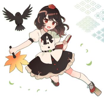 1girl :d bird black_bird black_bow black_bowtie black_hair black_skirt book bow bowtie buttons collared_shirt commentary crow full_body geta hand_fan hat hauchiwa highres holding holding_book holding_fan kneehighs long_hair looking_at_viewer mozukuzu_(manukedori) open_mouth puffy_short_sleeves puffy_sleeves red_eyes red_hat red_shoes seigaiha shameimaru_aya shirt shoes short_sleeves skirt smile socks solo tengu-geta tokin_hat touhou white_background white_shirt white_socks