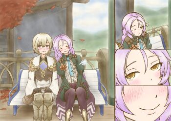 Rule 34 | 1boy, 1girl, bench, blonde hair, blush, braid, butler, cape, clorica (rune factory), commentary request, corset, female butler, highres, juliet sleeves, lest (rune factory), long hair, long sleeves, mint 3 cocoa, necktie, on bench, pantyhose, puffy shorts, puffy sleeves, purple corset, purple hair, purple pantyhose, rune factory, rune factory 4, scene reference, short hair, shorts, sleeping, sleeping on person, smile, twin braids, white cape, yellow eyes