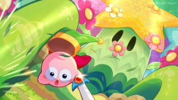 :o blush blush_stickers closed_mouth commentary_request copy_ability flower flowery_woods glint grass green_hat hat highres holding holding_sword holding_weapon kashiwa_(ksw04270mochi) kirby kirby:_triple_deluxe kirby_(series) leaf nintendo no_humans open_mouth orange_flower pink_flower plant_roots sword sword_kirby twitter_username weapon white_flower wide-eyed