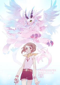 Rule 34 | 1girl, bare shoulders, black shorts, body fur, brown eyes, brown hair, commission, cowboy shot, d-3 (digimon), digimon, digimon (creature), digimon adventure 02, dragon, green eyes, highres, holydramon, lanlllan, pink fur, shirt, short hair, shorts, sleeveless, sleeveless shirt, watch, white background, wristwatch, yagami hikari