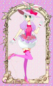 1girl animal_ears bow dancer disney disneyland easter easter_wonderland end_bunny_(disney) flower frills gloves hair_flower hair_ornament hat high_heels pantyhose pman0828 rabbit_ears short_hair smile solo thighhighs top_hat white_hair