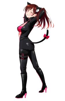 Rule 34 | 1girl, alternate costume, animal ear fluff, animal ears, bodysuit, boots, bow, breasts, brown hair, cat ears, cat tail, cleavage, fake animal ears, fake tail, full body, high heel boots, high heels, highres, hirayama kanna, jacket, kanojo okarishimasu, large breasts, leather, leather jacket, long hair, long sleeves, looking at viewer, mizuhara chizuru, o-ring, o-ring thigh strap, official art, one eye closed, open bodysuit, open clothes, orange eyes, pink bow, simple background, solo, tail, tail bow, tail ornament, thigh strap, third-party source, white background