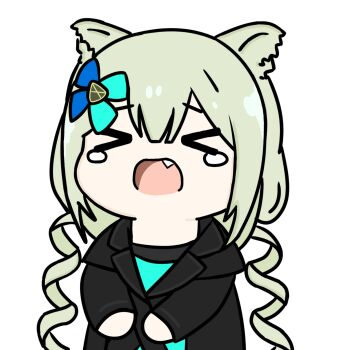 >_< 1girl animal_ears arknights black_jacket closed_eyes commentary_request dress drill_hair fang fengdou green_dress green_hair hair_ribbon highres infection_monitor_(arknights) jacket jewelry morpheus_(arknights) open_mouth pendant ribbon solo tearing_up twin_drills white_background wolf_ears wolf_girl