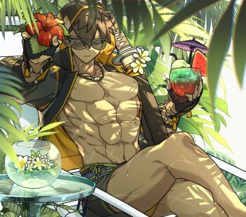 1boy abs bara black_gloves black_shorts bowl brown_hair closed_mouth commentary crossed_legs cup cyp1a2 doudanuki_masakuni fingerless_gloves flower food fruit gloves hibiscus highres holding holding_cup holding_flower hood hood_up hooded_jacket jacket jewelry male_focus muscular muscular_male necklace nipples open_clothes open_jacket pectorals short_hair shorts shredded_muscles sitting solo sunglasses sword symbol-only_commentary touken_ranbu tropical watermelon watermelon_slice weapon white_flower