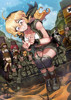 3girls 6+boys bandana bdsm black_panties blonde_hair bondage boots bound bound_ankles bound_arms bound_wrists breasts brown_eyes brown_hair captured clenched_teeth clothing_cutout day defeat explosive fio_germi gagged green_vest highres hip_vent imminent_death kaneeru kasamoto_eri knee_pads looking_down metal_slug military_uniform mine_(weapon) multiple_boys multiple_girls nadia_cassel outdoors panties panty_peek peril prisoner_of_war_(metal_slug) rebel_soldier_(metal_slug) red_hair sand shorts snk teeth underwear variant_set vest