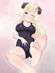 Rule 34 | 1girl, barefoot, blonde hair, blue eyes, blush, feet, highres, hololive, horns, long hair, looking at viewer, one-piece swimsuit, one eye closed, smile, soles, swimsuit, toes, tsunomaki watame, wink