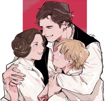 1girl 2boys animification blonde_hair brother_and_sister brown_hair han_solo hug luke_skywalker multiple_boys princess_leia siblings simple_background smile star_wars star_wars:_a_new_hope tagme white_background