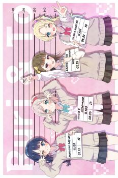 Rule 34 | 4girls, :d, ;), ;d, alternate costume, aqua bow, aqua bowtie, black skirt, blonde hair, blue eyes, blue hair, border, bow, bowtie, brown hair, cardigan, ceras yanagida lilienfeld, character age, character name, collared shirt, commentary, cowboy shot, dress shirt, fang, gradient hair, grey cardigan, grey hair, grey sweater vest, gyaru, hair bow, heart, height mark, heisei gals!!!! (love live!), highres, holding, holding sign, kachimachi kosuzu, katanashi (ktnsh popu), kogal, link! like! love live!, long hair, looking at viewer, loose bowtie, love live!, miniskirt, mole, mole on neck, mugshot, multicolored hair, multiple girls, murano sayaka, one eye closed, open cardigan, open clothes, open mouth, osawa rurino, outside border, pink background, pink bow, pixel heart, pixelated, pleated skirt, ponytail, red bow, red bowtie, ruri&amp;to (love live!), school uniform, shirt, sideways, sign, skirt, smile, sweater vest, v, v over eye, virtual youtuber, white border, white shirt, yellow bow, yellow bowtie