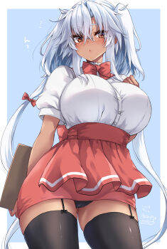 Rule 34 | 1girl, alternate costume, black garter straps, black panties, black thighhighs, bow, bowtie, breasts, brown eyes, cameltoe, commentary request, dark-skinned female, dark skin, garter straps, glasses, grey-framed eyewear, grey hair, hair between eyes, highres, huge breasts, kantai collection, long hair, mashiro yukiya, miniskirt, musashi (kancolle), musashi kai ni (kancolle), panties, rectangular eyewear, red bow, red bowtie, red skirt, semi-rimless eyewear, shirt, short sleeves, skirt, solo, standing, thighhighs, twintails, underwear, very long hair, waitress, white shirt