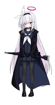 Rule 34 | 1girl, black choker, black pantyhose, black serafuku, blue archive, choker, commentary, eluthel, full body, hair over one eye, hairband, halo, highres, long hair, neckerchief, pantyhose, plana (blue archive), school uniform, serafuku, simple background, skirt, solo, white neckerchief