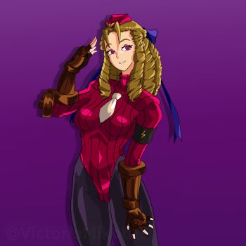 1girl bad_end blonde_hair bodysuit boots capcom corruption empty_eyes gauntlets hat highres kanzuki_karin leather leather_boots leggings leotard looking_to_the_side mind_control necktie pink_eyes ribbon saluting shadaloo_dolls smile street_fighter