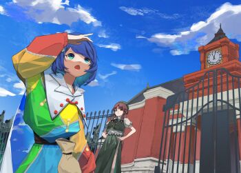 2girls blue_hair braid cape chinese_clothes cloak cloud cloud_print cloudy_sky collared_dress dauchimk_1 day dress frilled_sleeves frills green_dress green_eyes green_headwear green_skirt highres hong_meiling long_hair long_sleeves multicolored_dress multiple_girls open_mouth outdoors patchwork_clothes pink_footwear puffy_short_sleeves puffy_sleeves red_button red_hair scarlet_devil_mansion shirt short_hair short_sleeves skirt sky sky_print tenkyuu_chimata touhou twin_braids two-sided_cape two-sided_fabric white_cloak white_shirt zipper