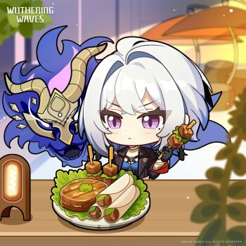 1girl black_gloves black_jacket chibi chibi_only chimera_(wuthering_waves) closed_mouth commentary copyright_notice english_commentary food galbrena_(wuthering_waves) gloves grey_hair highres holding holding_skewer jacket logo medium_hair official_art purple_eyes skewer tacet_discord_(wuthering_waves) wuthering_waves