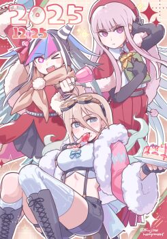 2025 3girls :d ;d alternate_costume antenna_hair black_gloves black_hair black_ribbon black_shorts black_skirt blonde_hair blush blush_stickers cake capelet commentary_request crop_top danganronpa:_trigger_happy_havoc danganronpa_(series) danganronpa_2:_goodbye_despair danganronpa_v3:_killing_harmony dated ear_piercing elbow_gloves face_piercing food gift gloves hair_between_eyes hair_horns hair_ribbon hat highres holding holding_food holding_gift iruma_miu kirigiri_kyoko licking long_hair mei_guchuan mioda_ibuki multicolored_hair multiple_girls one_eye_closed open_mouth piercing pink_eyes pink_hair pink_streaks pleated_skirt red_capelet red_hat red_skirt ribbon santa_costume shirt shorts skirt smile streaked_hair thighhighs white_hair white_thighhighs