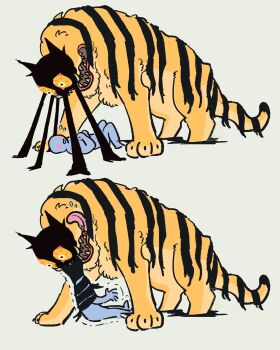 1other animal_focus artist_self-insert bound colored_sclera commentary constricted_pupils dream_tiger_(govy9807) english_commentary entangled flying_sweatdrops from_side full_body grey_background highres imminent_vore licking_lips looking_at_another monster namamekasumi open_mouth original sequential sharp_teeth simple_background teeth tied_up_(nonsexual) tiger tongue tongue_out trembling wrapping yellow_eyes yellow_sclera