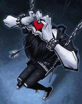 Rule 34 | 1boy, angusburgers, arrow (projectile), arrow in body, arrow in head, black hair, black shirt, bracelet, colored skin, commentary, emo fashion, english commentary, full body, heart, heart hands, highres, injury, jewelry, object through head, on swing, pants, shirt, shoes, short hair, sneakers, spiked bracelet, spikes, swing, torn clothes, torn pants, white skin