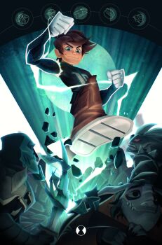 4boys aged_up alien_x_(ben_10) aqua_skin argit ben_10 ben_10:_omniverse ben_tennyson black_shirt brown_hair colored_skin commentary english_commentary fangs furry furry_male fusion gauntlets glowing green_eyes grey_hair highres khyber_(ben_10) long_hair male_focus mask matthewbitts money multiple_boys omnitrix red_eyes shirt shoe_soles short_hair smile spikes sunder_(ben_10) sword time_paradox ultimatrix weapon