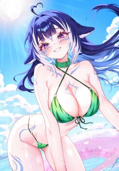 1girl :d absurdres ahoge alternate_costume bent_over bikini blue_hair blue_sky blunt_bangs body_markings breasts cleavage cloud collar colored_inner_hair commentary criss-cross_halter day drowsenss english_commentary facial_mark front-tie_bikini_top front-tie_top gluteal_fold green_bikini green_collar grin halterneck heart heart_ahoge highleg highleg_bikini highres indie_virtual_youtuber large_breasts long_hair looking_at_viewer multicolored_hair no_tail o-ring o-ring_bikini open_mouth outdoors purple_eyes shylily sky smile solo streaked_hair string_bikini swim_ring swimsuit very_long_hair virtual_youtuber white_hair