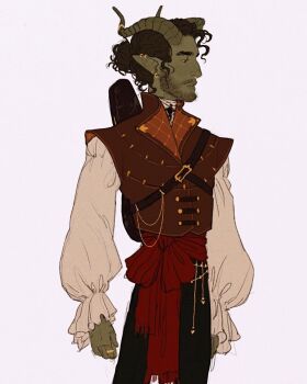 1boy arcanegold beard_stubble belly_chain belt black_pants brown_belt brown_hair brown_vest chain colored_sclera colored_skin cowboy_shot curled_horns curly_hair demon_boy demon_horns dungeons_&amp;_dragons ear_piercing facial_hair fantasy gold_buttons gold_chain gold_piercing gold_ring green_skin hair_bun half-closed_eyes high_collar highres horn_ornament horn_ring horns jewelry long_sleeves looking_down looking_to_the_side original pants parted_lips piercing pointy_ears profile puffy_long_sleeves puffy_sleeves red_eyes red_sash ring_piercing sash shirt shoulder_belt simple_background single_hair_bun sketch stubble teeth thick_eyebrows tiefling vest vincent_obra_(arcanegold) waist_sash white_background white_shirt yellow_sclera