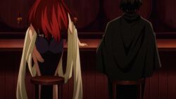 Rule 34 | 1boy, 1girl, animated, anime screenshot, ass, backboob, black kimono, breasts, chair, dancer, dazai osamu (isekai shikkaku), esche (isekai shikkaku), from behind, highres, huge ass, isekai shikkaku, japanese clothes, kimono, large breasts, long hair, red hair, side slit, sitting, sleeveless, sound, tagme, thighs, video, walking, wide hips