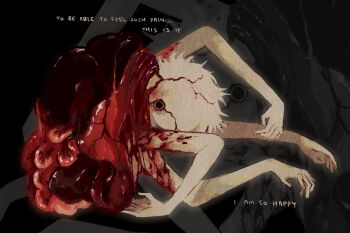 abstract_background blood body_fur english_text extra_arms guro highres horror_(theme) intestines jejejunum looking_at_viewer monster_boy organs original pain solo suicide white_fur