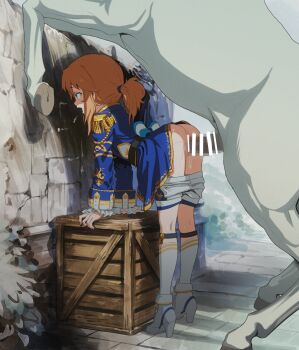 1boy 1girl animal_penis ass bar_censor bestiality blush brown_hair butterchalk censored clothed_sex dress erection from_behind has_uncensored_version hetero high_heels highres horse horse_penis huge_penis idolmaster idolmaster_cinderella_girls loli long_hair medium_hair mosaic_censoring open_mouth penis ponytail sex sex_from_behind shoes size_difference vaginal yuuki_haru
