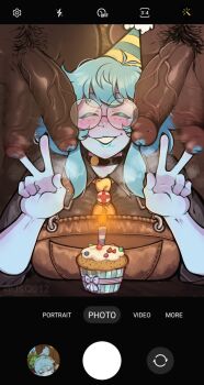 1girl 2boys absurdres blue_skin breasts cellphone_photo colored_skin dark-skinned_male dark_skin double_v fake_phone_screenshot fake_screenshot happy_birthday highres huge_breasts jsq012 large_penis lipstick_mark motion_blur multiple_boys opaluva_(character) original penis pubic_hair round_eyewear smile v