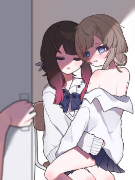 1other 22_rink 2girls @_@ bite_mark bite_mark_on_shoulder black_bow black_bowtie black_hair black_skirt blue_eyes blush bow bowtie brown_hair caught closed_eyes columbina_(genshin_impact) commentary_request genshin_impact hickey highres multicolored_hair multiple_girls off_shoulder parted_lips pleated_skirt pov pov_hands purple_streaks sandrone_(genshin_impact) school_uniform shirt sitting sitting_on_lap sitting_on_person skirt streaked_hair sweat sweater walk-in white_shirt white_sweater yuri