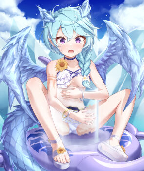 Rule 34 | 1girl, absurdres, bikini, blue collar, blue hair, blue tail, blue wings, bracelet, braid, collar, crystal horns, crystal wings, dragon girl, dragon horns, dragon tail, dragon wings, feet, flower, frilled bikini, frills, full body, gplnbeat, hair flower, hair ornament, hair over shoulder, highres, holding, horns, innertube, jewelry, looking at viewer, multiple bracelets, one breast out, open mouth, pointy ears, princess connect!, purple eyes, sandals, see-through clothes, see-through footwear, sheffy (princess connect!), sheffy (summer) (princess connect!), sitting, soles, solo, sunflower, swim ring, swimsuit, tail, toes, white bikini, white flower, white sandals, wide-eyed, wings, yellow flower