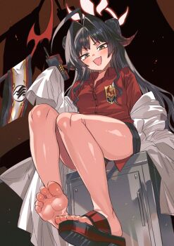1girl :d absurdres ahoge bare_legs barefoot black_hair black_horns blue_archive blush coat coat_partially_removed collared_shirt commentary demon_girl demon_horns detonator dress_shirt fang feet film_grain flag from_below full_body gehenna_academy_logo hair_intakes halo hand_up highres holding_detonator horns huge_ahoge kasumi_(blue_archive) lab_coat legs long_hair looking_at_viewer looking_down namaniku_(user_nxxf7457) open_clothes open_coat open_mouth red_halo red_shirt sandals shirt sidelocks single_sandal sitting skin_fang sleeves_past_fingers sleeves_past_wrists slit_pupils smile smug soles solo thighs toes tsurime v-shaped_eyebrows very_long_hair wavy_ends wide_sleeves yellow_eyes