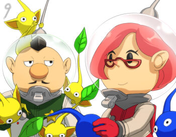 1boy 1girl backpack badge bag big_nose black_eyes black_hair blue_pikmin blue_skin brittany_(pikmin) buttons charlie_(pikmin) closed_mouth colored_skin commentary_request countdown creature creature_on_head eyelashes facial_hair glasses gloves green_gloves half-closed_eyes hand_on_another&#039;s_shoulder helmet holding holding_creature leaf looking_at_another mustache naru_(wish_field) nintendo no_mouth pikmin_(creature) pikmin_(series) pikmin_3 pink_bag pink_gloves pink_hair pointy_ears pointy_nose radio_antenna red-framed_eyewear short_hair simple_background smile solid_oval_eyes space_helmet spacesuit star_(symbol) triangular_eyewear upper_body very_short_hair whistle white_background yellow_pikmin yellow_skin