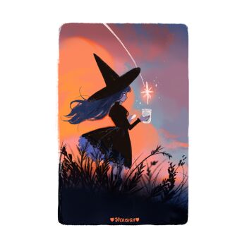 1girl artist_name black_dress black_hair commentary dress english_commentary from_side grass hat holding holding_jar jar medium_dress original solo sunset turtleneck turtleneck_dress vicki_tsai witch_hat