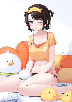 1girl ;o absurdres between_legs black_hair black_panties blue_eyes bra bra_peek breasts cleavage commentary commentary_request cropped_shirt english_commentary hand_between_legs headband heart heart-shaped_pillow highres hololive indoors large_breasts looking_at_viewer loungewear mixed-language_commentary navel no_pants nyan_(reinyan_007) official_alternate_costume official_alternate_hairstyle one_eye_closed oozora_subaru oozora_subaru_(loungewear) orange_bra paid_reward_available panties pillow shirt short_hair short_sleeves shorts sitting slippers solo stomach subatomo_(big) subatomo_(small) swept_bangs t-shirt two_side_up underwear unworn_shorts unworn_slippers virtual_youtuber wariza yellow_headband yellow_shirt
