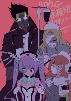 1boy 3girls black_hair blonde_hair cz2128_delta demiurge_(overlord) hair_slicked_back halloween halloween_costume long_hair masiro multiple_girls nurse overlord_(maruyama) pink_hair purple_hair shalltear_bloodfallen skull solution_epsilon stitched_neck stitches twintails