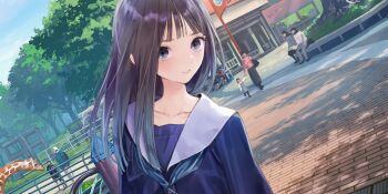 1other 2girls 5boys animal bench black_hair blue_reflection_(series) blue_reflection_sun blue_serafuku blue_sky brick_road building collarbone day dutch_angle elephant game_cg giraffe highres kishida_mel multiple_boys multiple_girls non-web_source official_art outdoors railing sailor_collar school_uniform serafuku sky solo_focus tree turning_head upper_body white_sailor_collar xiao_meiqi zoo