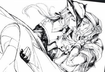 2girls ascot bloodborne bonnet brooch capelet carrying character_request collared_jacket crying crying_with_eyes_open doll_joints dress floating_hair flower greyscale hat hat_flower highres jacket jewelry joints kalianabokalisi long_hair monochrome multiple_girls princess_carry rose tears tricorne