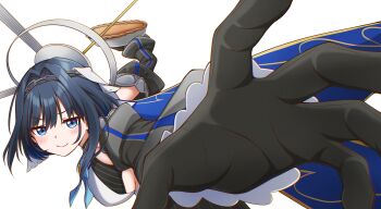 1girl absurdres black_gloves black_hair black_sleeves blue_eyes blue_neckerchief blush breasts chain closed_mouth detached_sleeves food gloves hair_between_eyes hair_intakes halo highres holding holding_food hololive hololive_english jan_azure large_breasts looking_at_viewer mechanical_halo medium_hair meme neckerchief ouro_kronii pepe_punch_(meme) pie sideboob simple_background smile solo throwing throwing_food throwing_pie transparent_background upper_body virtual_youtuber white_background