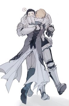 !? 2boys arm_behind_back armor black_boots black_hair blonde_hair boots brown_eyes commentary dion_lesage english_commentary final_fantasy final_fantasy_xvi gigantickim_ff greaves grey_pants highres hug long_sleeves male_focus multiple_boys mutual_hug pants pauldrons shoulder_armor simple_background speech_bubble spoken_interrobang terrence_(ff16) white_background yaoi