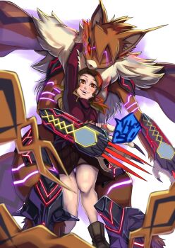 10s 2girls armor armored_boots boots breasts claws digimon digimon_adventure_tri. fangs fur_collar furry glowing glowing_markings highres meicrackmon_vicious_mode multiple_girls neon_trim red_eyes riza23 sharp_nails