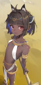 1girl absurdres ahoge akayudofu alternate_hair_color alternate_skin_color ancient_egyptian_clothes animal_ear_fluff animal_ears armlet bare_arms bare_legs bare_shoulders belly_chain black_hair blue_hair blunt_bangs cat_ears collarbone commentary dark-skinned_female dark_skin extra_ears highres holding holding_staff brown_egyptian_cat-eared_loli_(trend) jewelry kemonomimi_mode looking_at_viewer multicolored_hair open_mouth pelvic_curtain red_eyes short_hair smile solo staff touhoku_kiritan two-tone_hair usekh_collar voiceroid