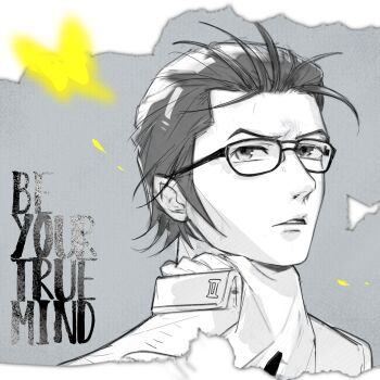 1boy ascot bug butterfly catfish05 english_text glasses grey_background greyscale highres insect looking_to_the_side male_focus monochrome nanjou_kei parted_lips persona persona_1 portrait school_uniform short_hair simple_background solo spot_color st._hermelin_school_uniform