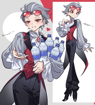 1boy arm_at_side ascot black_footwear black_pants blush bottle brooch coattails collared_shirt cowboy_shot eyewear_on_head facial_mark frilled_sleeves frills full_body grey_background grey_hair grey_shirt grin hair_slicked_back half-closed_eyes hand_on_own_chest heart hellaverse helluva_boss holding holding_bottle humanization jewelry looking_at_viewer male_focus meremero multiple_views outstretched_hand pants reaching reaching_towards_viewer red-tinted_eyewear red_eyes red_vest shirt short_hair smile standing stolas_(helluva_boss) tinted_eyewear two-tone_background vest water_bottle white_ascot white_background white_shirt