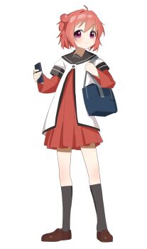 1girl ahoge akaza_akari bag black_sailor_collar black_socks brown_shoes buttons commentary double_bun dress full_body hair_bun highres holding holding_bag holding_phone keibi_inu kneehighs knees layered_sleeves loafers long_sleeves looking_at_viewer nanamori_school_uniform phone pleated_dress purple_eyes red_dress red_hair sailor_collar sailor_shirt school_uniform shirt shoes short_dress short_hair short_over_long_sleeves short_sleeves socks solo standing twintails two_side_up white_shirt yuruyuri