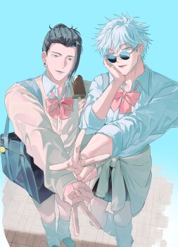 Rule 34 | 2boys, alternate costume, bag, black hair, blue eyes, bow, bowtie, brown cardigan, buttons, cardigan, cardigan around waist, clothes around waist, collared shirt, crossdressing, crossdressing (mtf), getou suguru, glasses, gojou satoru, grey eyes, gyaru v, hair bun, hair pulled back, hand on own face, highres, ice cream bar, jujutsu kaisen, kneehighs, long sleeves, looking at viewer, loose socks, male focus, multiple boys, pink bow, pink bowtie, plug (piercing), round eyewear, school uniform, shirt, short hair, shoulder bag, skirt, socks, standing, teeth, twitter username, v, wanko (rnmmrn), white hair, white shirt, white socks